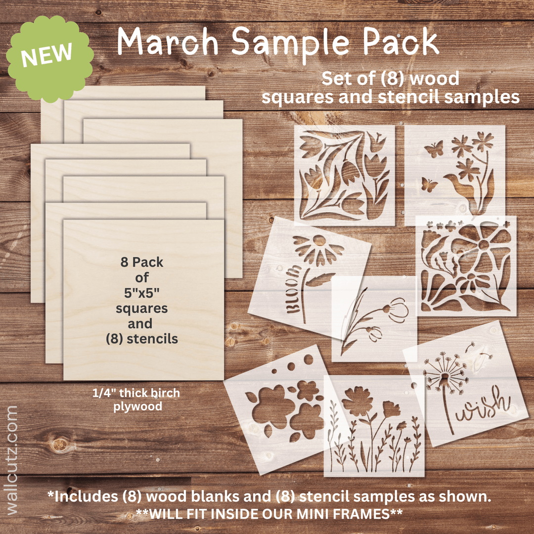 WallCutz March Sample Pack / 5 x 5" SQUARES with stencils (8pk) Wood Kit