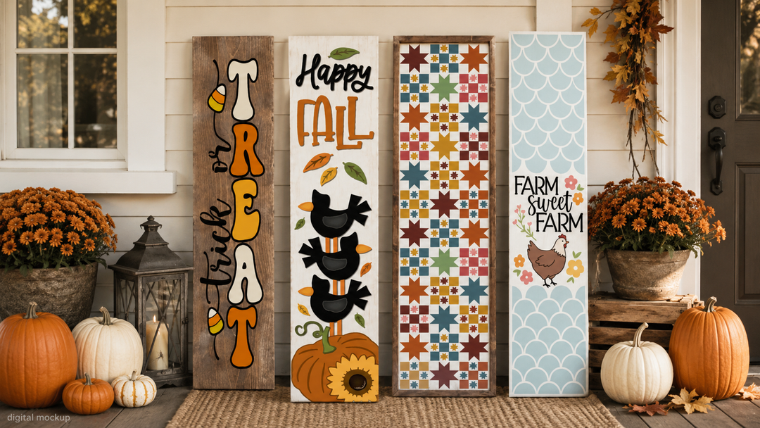 Fall and Halloween porch leaner signs painted with WallCutz stencils and wood kits