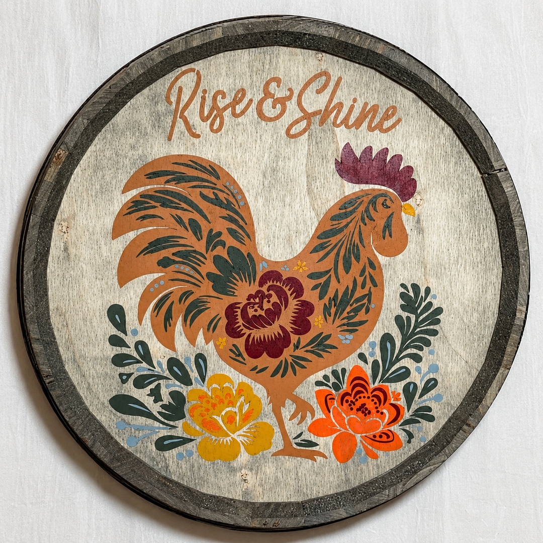Finished Rise & Shine folk-art rooster door hanger on a round wood board
