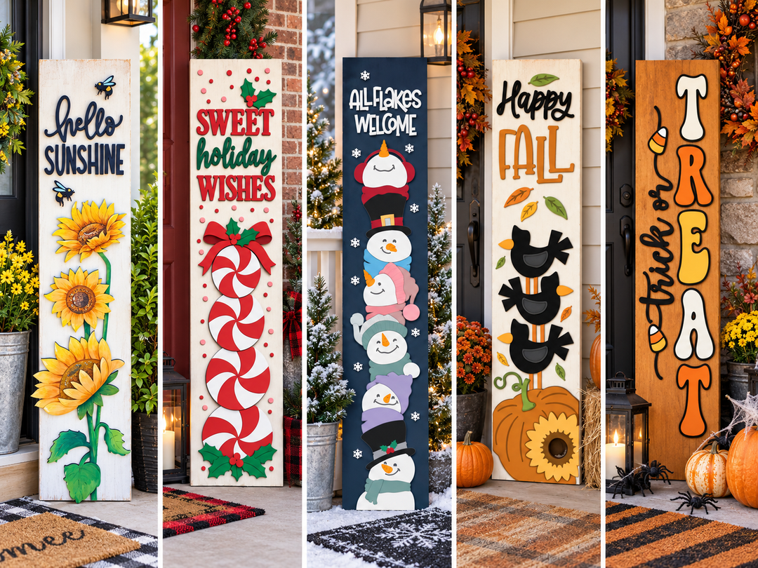 Painted DIY wood kit porch leaner signs displayed on a front porch