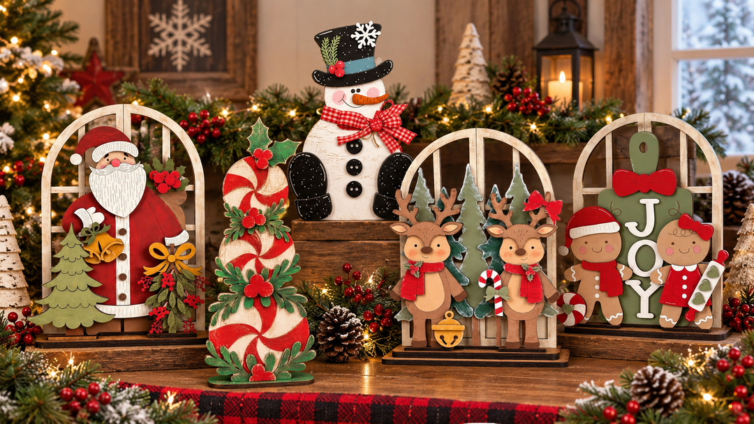 Painted Christmas shelf sitter wood kits displayed together on a mantel