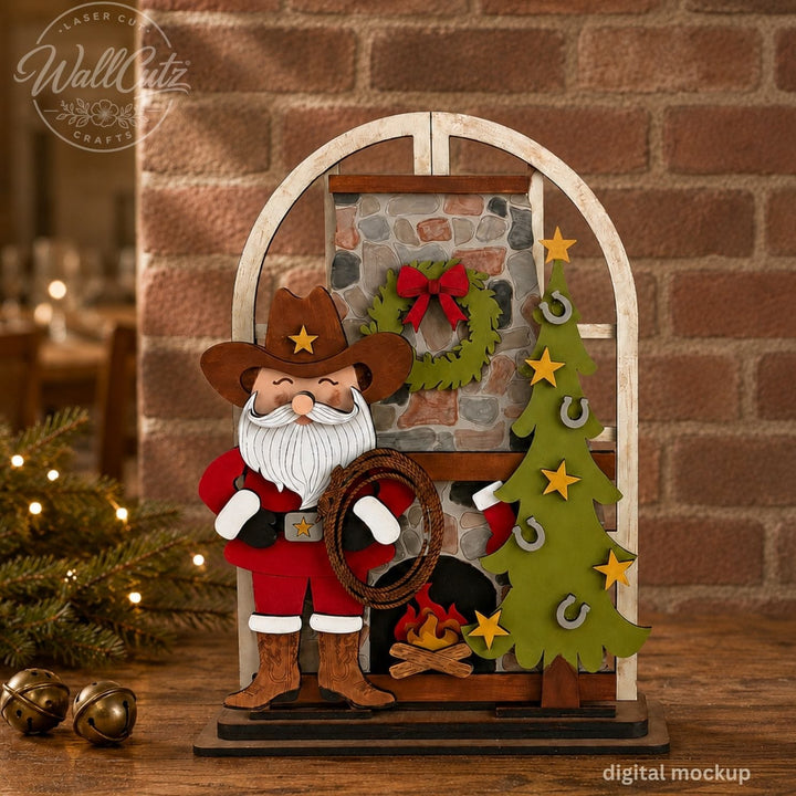 Cowboy Christmas wood window kit with painted western Santa, lasso, and horseshoe-trimmed tree by a brick fireplace – WallCutz