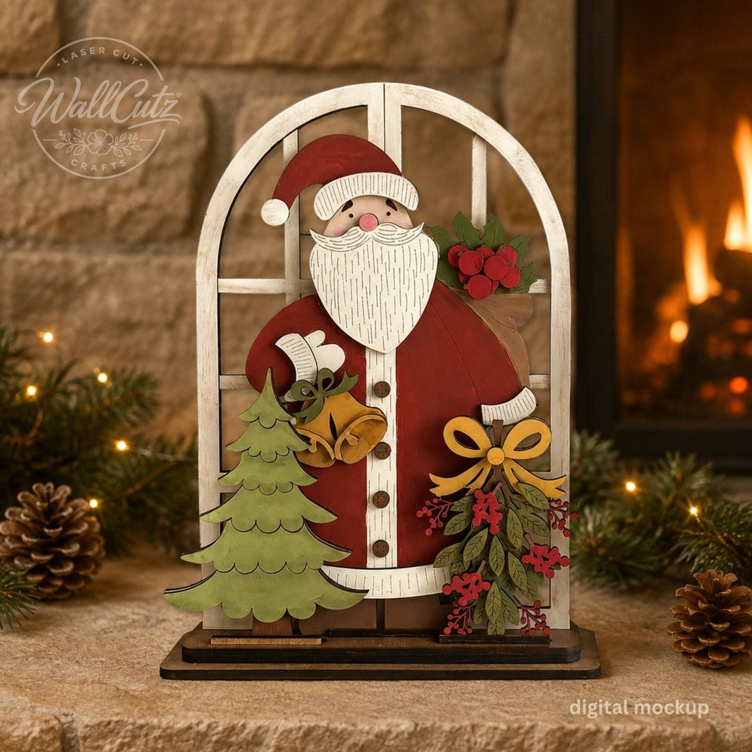 Holly Jolly Santa Claus wood window kit with painted vintage Santa, holly, and green tree by a fireplace – WallCutz