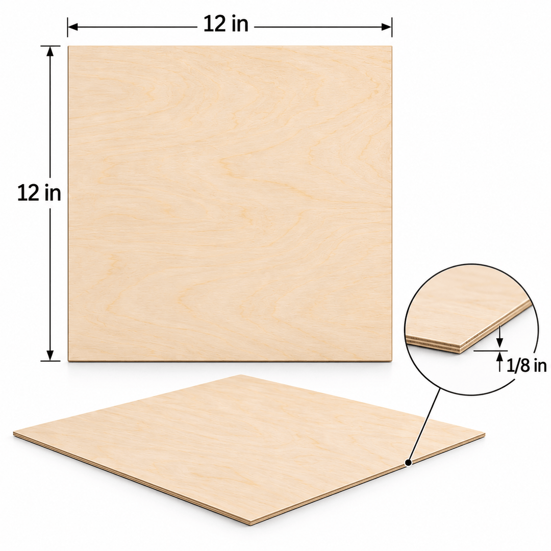 Size diagram of a 12 x 12 inch Baltic birch sheet, 1/8 inch thick