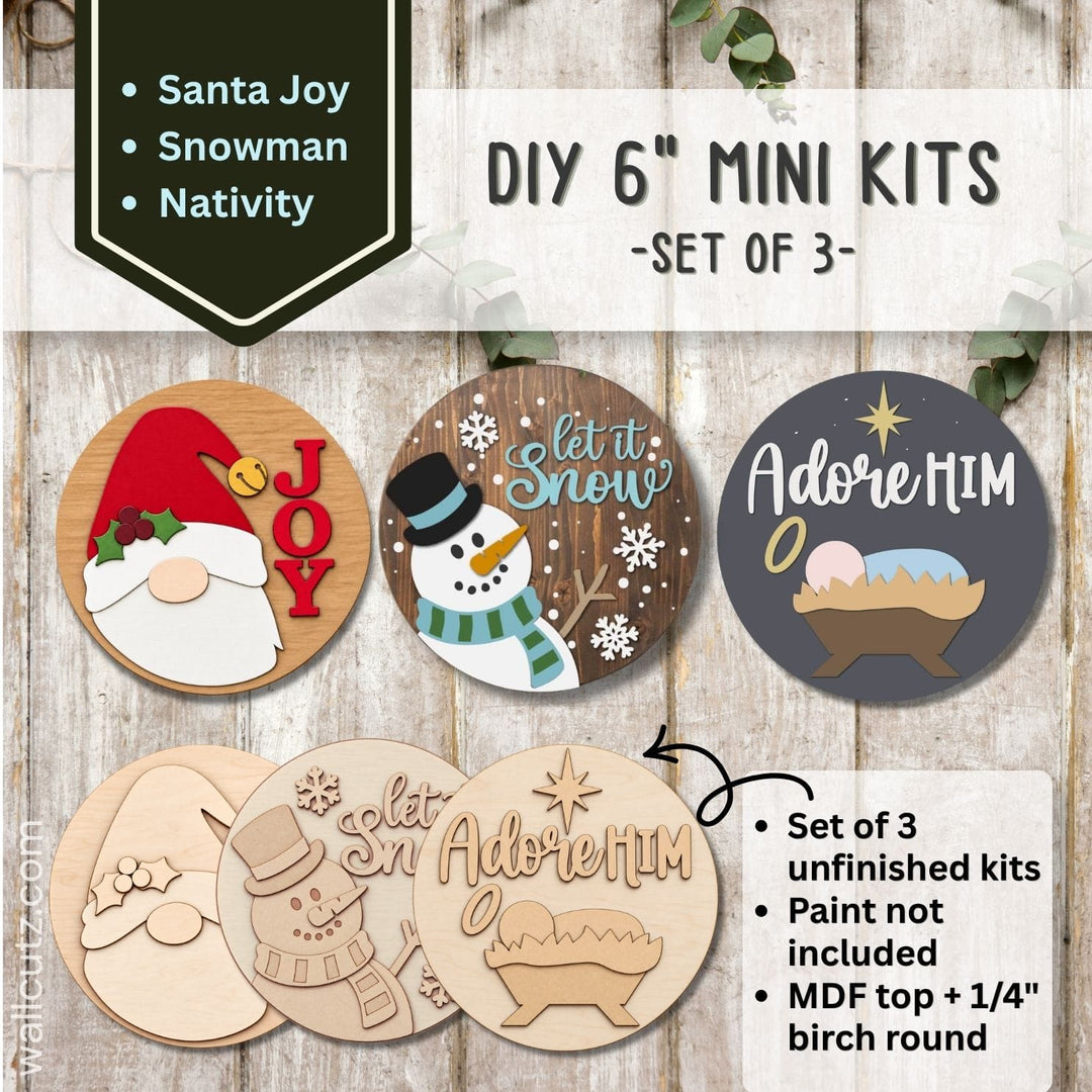 Three 6 inch round Christmas mini wood kits with a Let It Snow snowman, Santa Joy and a Nativity scene – WallCutz