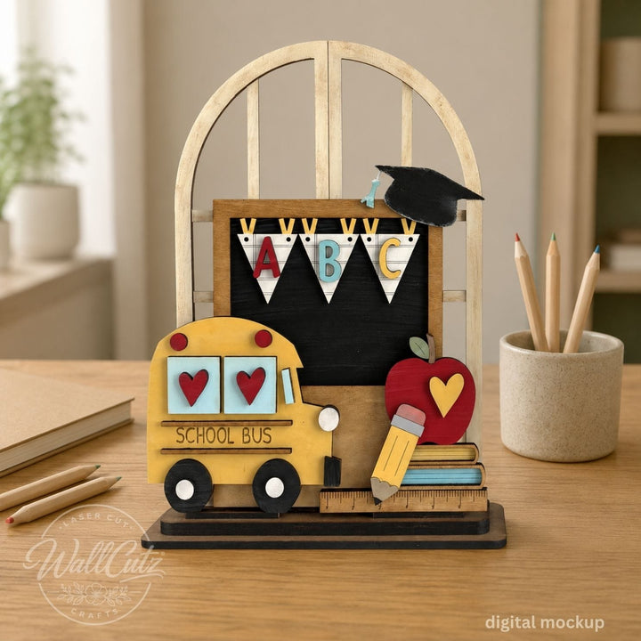 Back To School wood window kit with painted school bus, chalkboard banner, graduation cap, and pencil – WallCutz