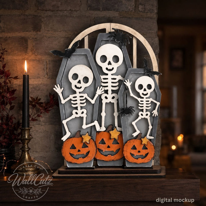 Boneyard Buddies Halloween wood window kit with three painted skeletons standing on carved orange pumpkins – WallCutz