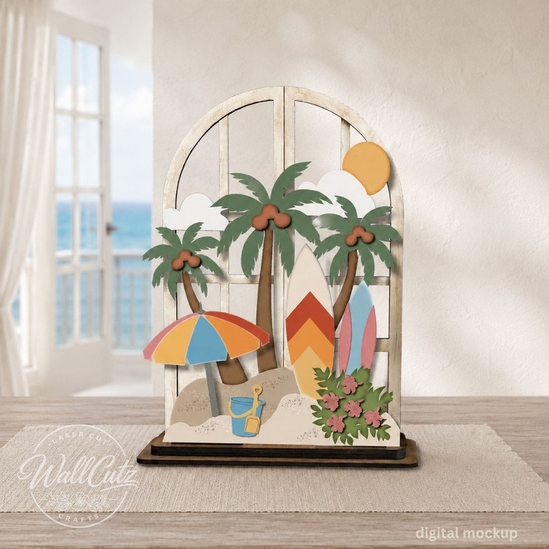 Beach Time wood window kit with painted palm trees, surfboards, beach umbrella, and sand pail – WallCutz