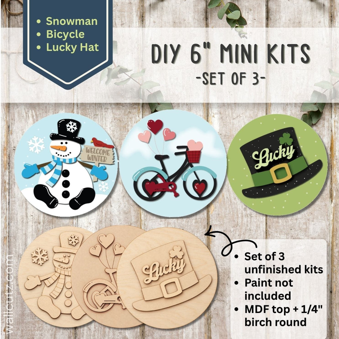 Three 6 inch round mini wood kits with a Hello Winter snowman, Valentine bicycle and lucky St. Patrick's Day hat – WallCutz