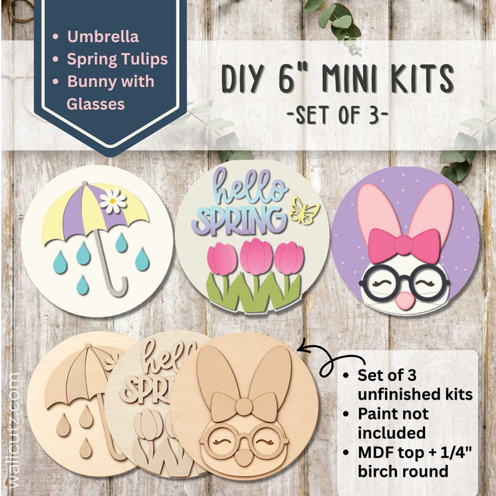 Three 6 inch round mini wood kits with an Easter bunny, spring tulips and a rainy day umbrella to paint – WallCutz