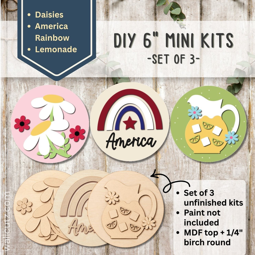 Three 6 inch round mini wood kits with a 4th of July American flag, summer daisies and a lemonade design – WallCutz