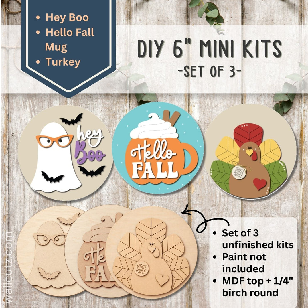 Three 6 inch round mini wood kits with a Halloween boo ghost, fall mug and Thanksgiving gobble turkey to paint – WallCutz