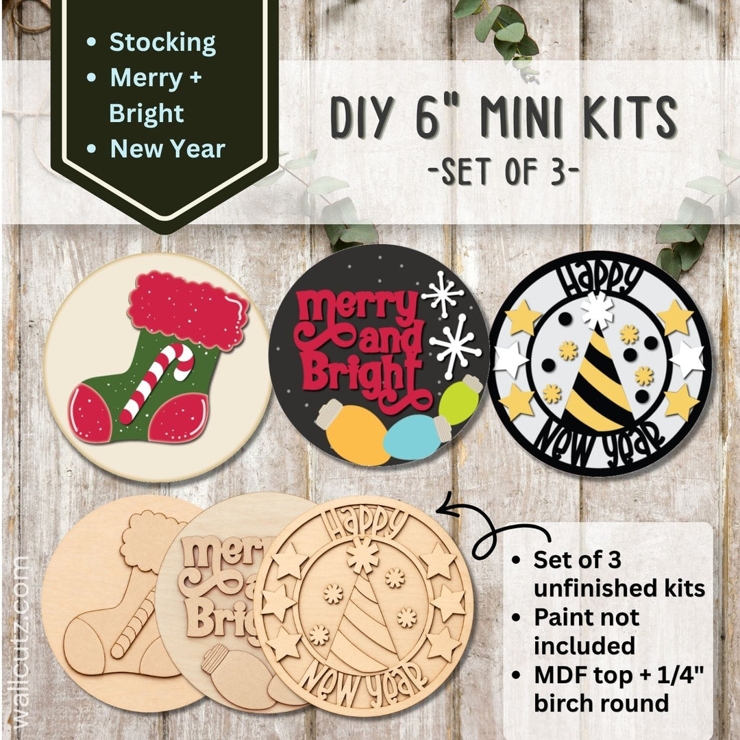 Three 6 inch round mini wood kits with a Christmas stocking, Merry and Bright bulbs and Happy New Year design – WallCutz