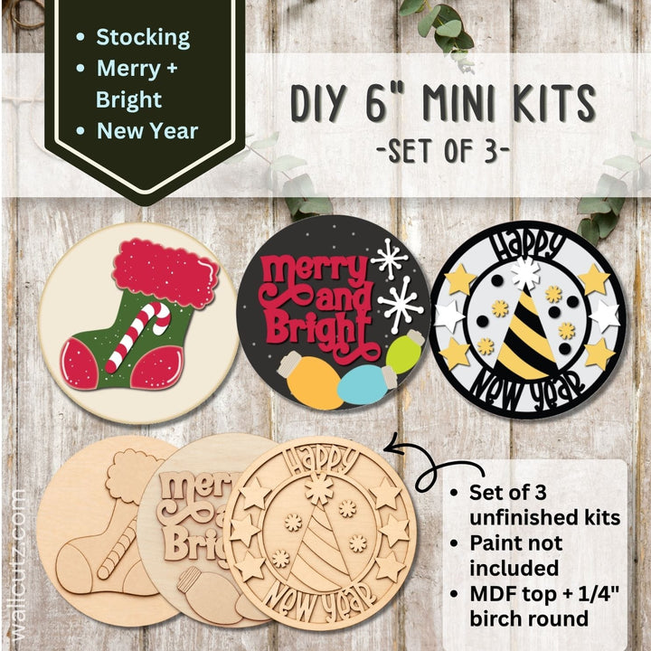 Three 6 inch round mini wood kits with a Christmas stocking, Merry and Bright bulbs and Happy New Year design – WallCutz