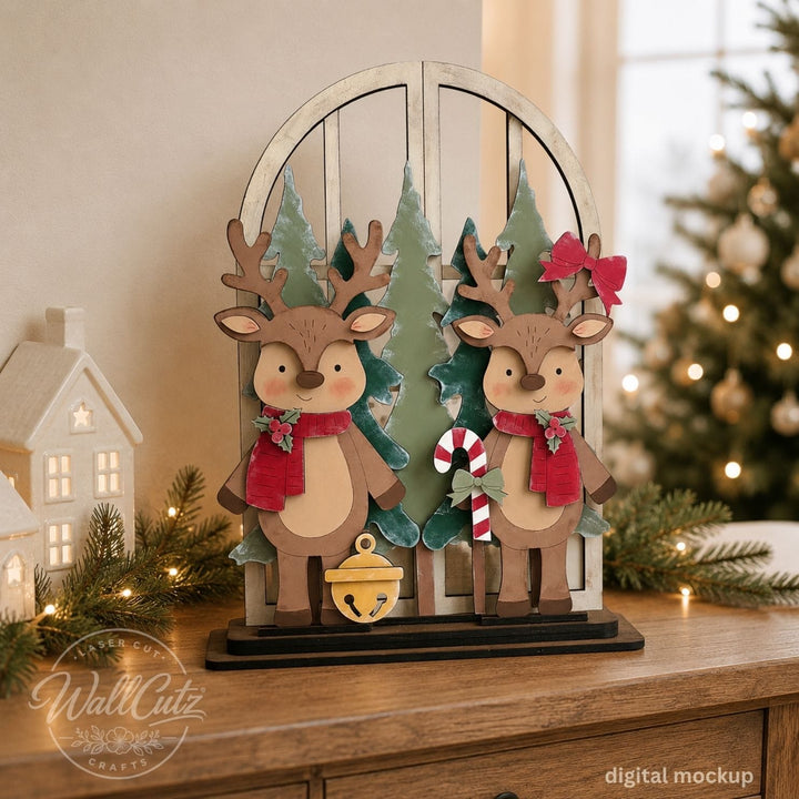 Reindeer Pals interchangeable wood window kit with two painted reindeer, scarves, and evergreen trees – WallCutz