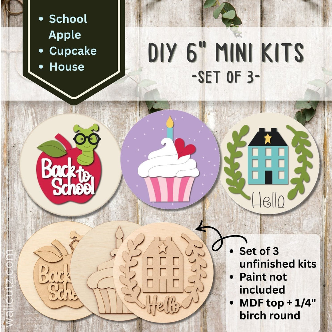 Three 6 inch round mini wood kits with a birthday cupcake, back-to-school apple and welcome home design to paint – WallCutz