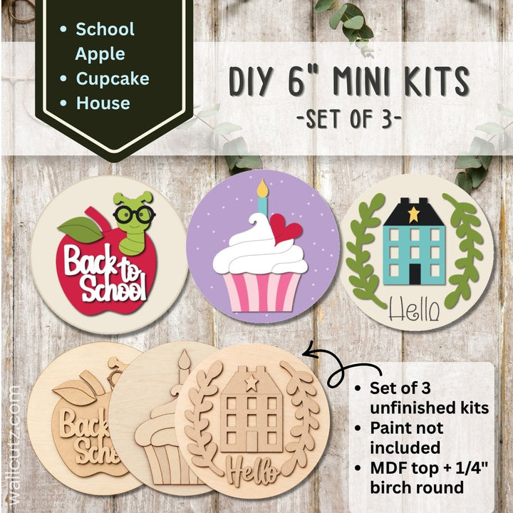 Three 6 inch round mini wood kits with a birthday cupcake, back-to-school apple and welcome home design to paint – WallCutz