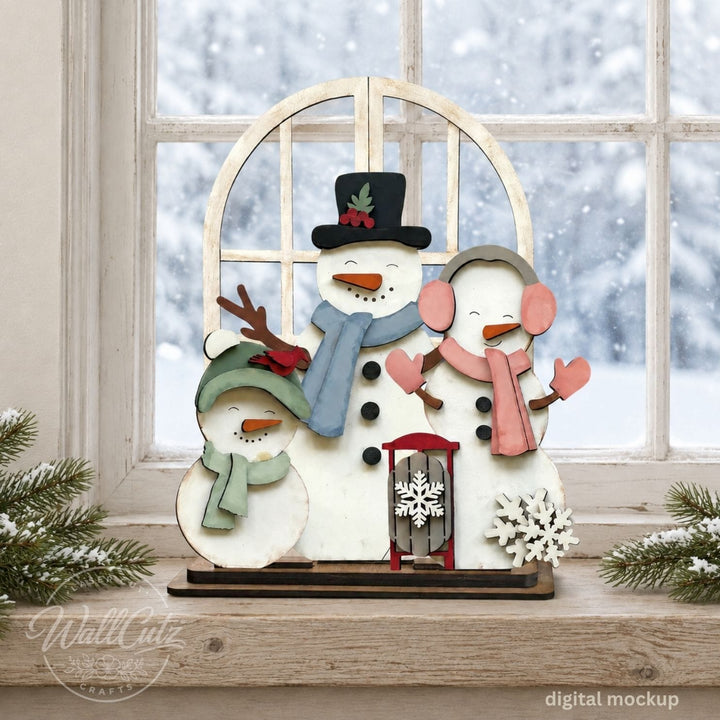 Snow Days snowman family wood window kit with three painted snowmen and a red sled – WallCutz