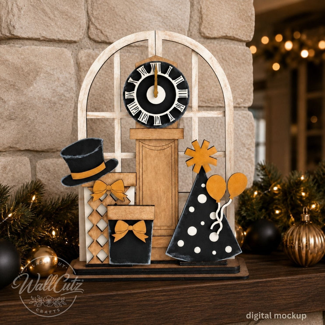 New Year's Eve Countdown wood window kit with painted clock, top hat, party hat, and bow tie – WallCutz