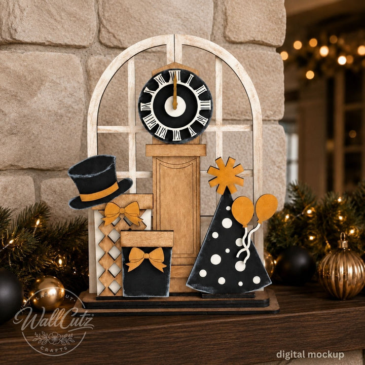 New Year's Eve Countdown wood window kit with painted clock, top hat, party hat, and bow tie – WallCutz