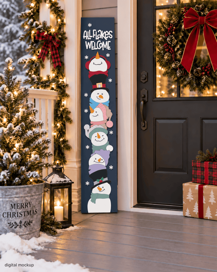 Stackable Snowman All Flakes Welcome Wooden Porch leaner.  wood snowman are made from 1/4 in MDF.