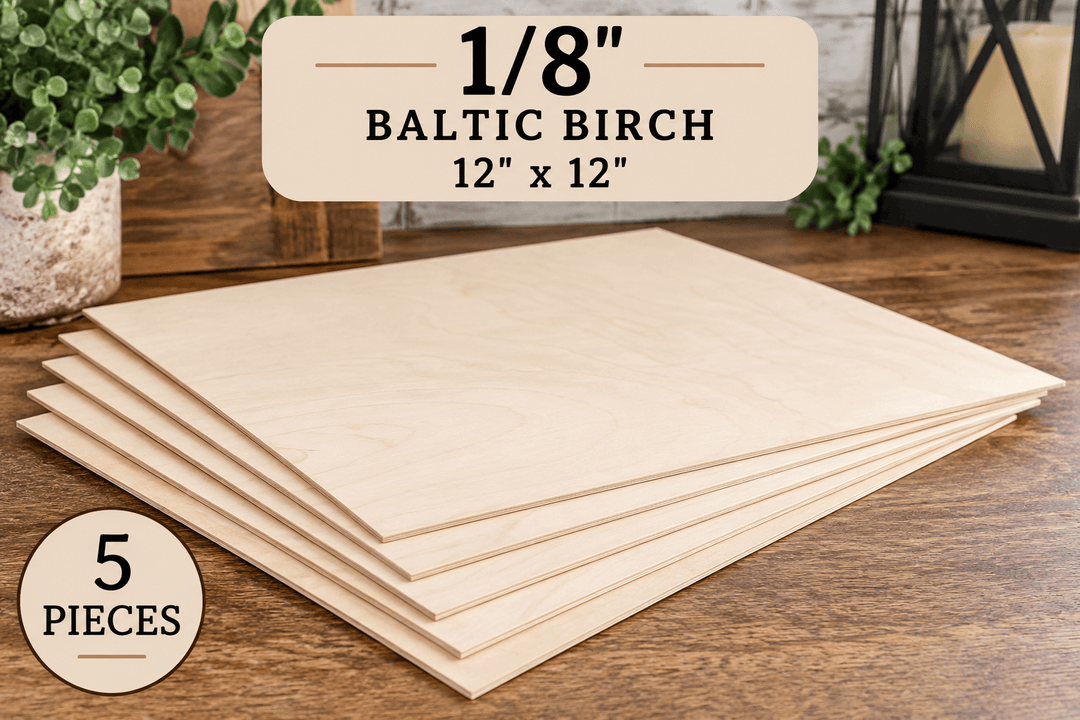 Five 1/8 inch Baltic birch plywood sheets, 12 x 12 inches, for laser cutting