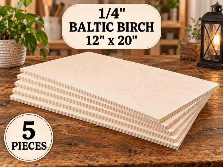 Five 1/4 inch Baltic birch plywood sheets, 12 x 20 inches, for laser cutting