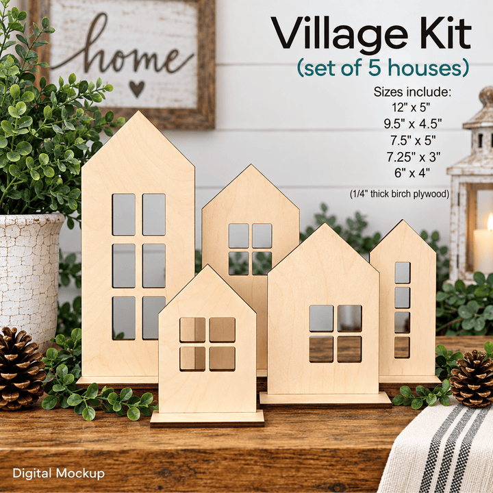 Five standing birch wood house cut-outs in a painted village set for seasonal shelf decor – WallCutz