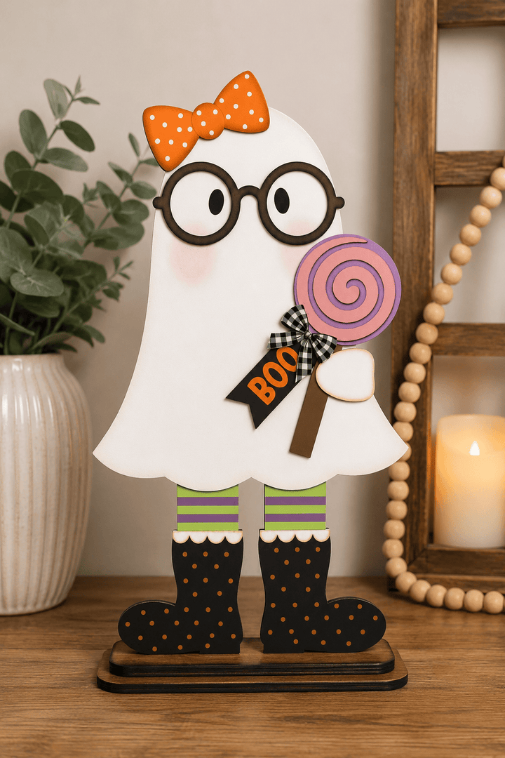 Gertie Ghost Halloween shelf sitter and leaner display – painted examples – WallCutz