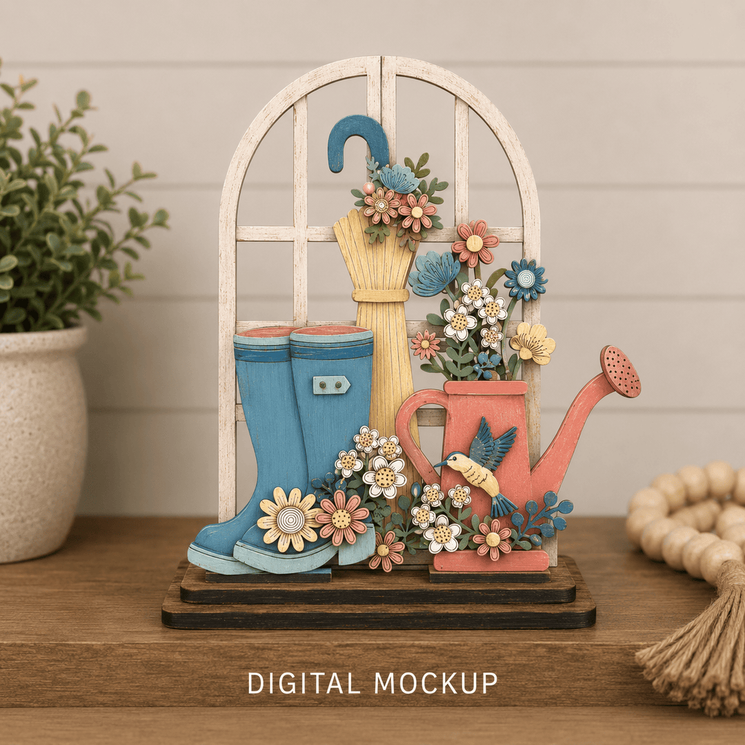 Spring garden scene with rain boots, umbrella, and flower-filled watering can assembled in the WallCutz interchangeable window kit