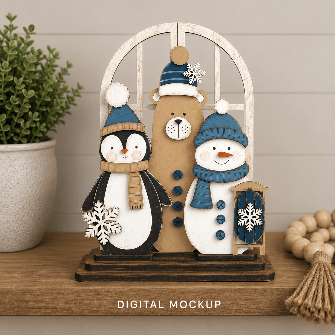 Winter friends bear, penguin, and snowman assembled in the WallCutz interchangeable window kit