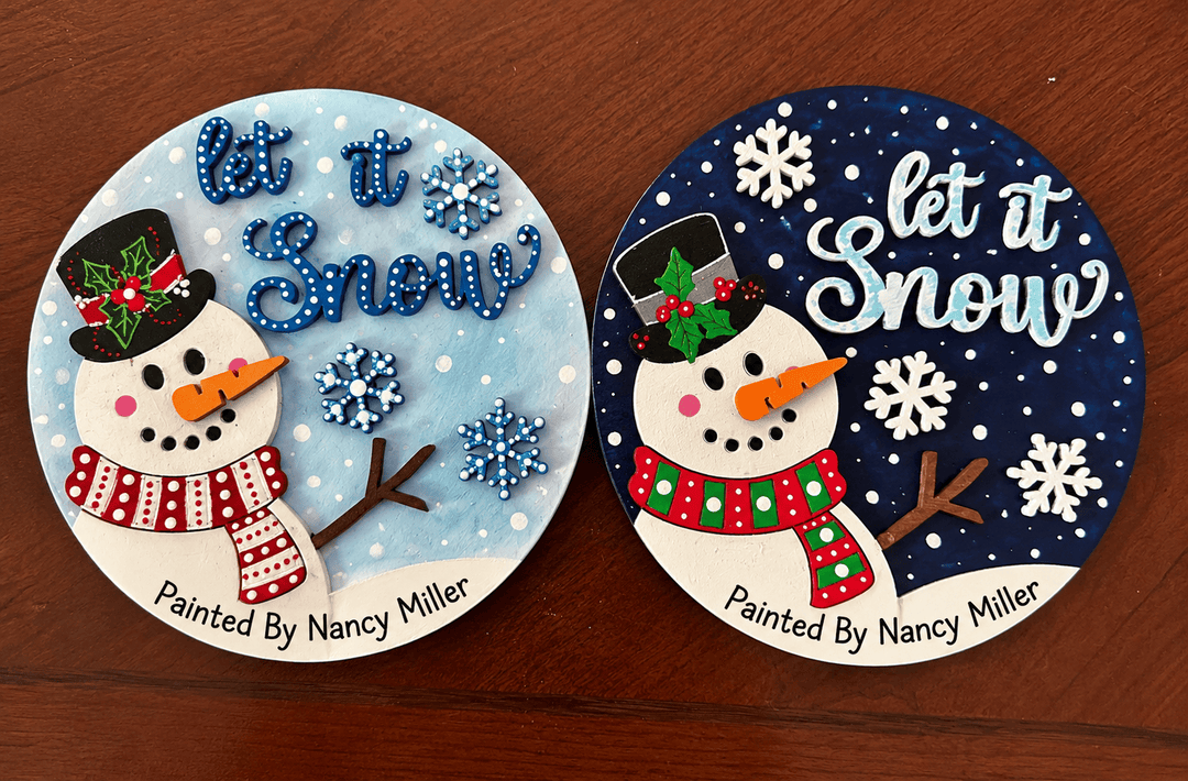 Two hand-painted Let It Snow snowman 6 inch round mini wood kits in light blue and navy – WallCutz