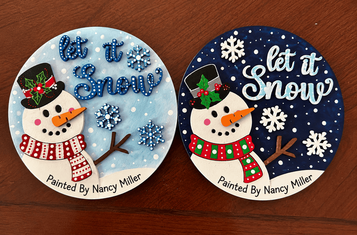 Two hand-painted Let It Snow snowman 6 inch round mini wood kits in light blue and navy – WallCutz