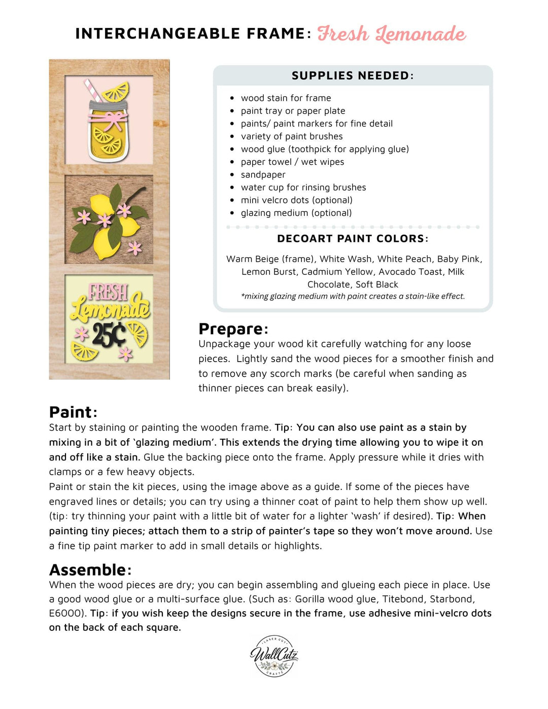 Painting and assembly instructions for the Fresh Lemonade and Mason Jar interchangeable 5x5 wood kit
