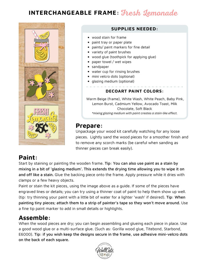 Painting and assembly instructions for the Fresh Lemonade and Mason Jar interchangeable 5x5 wood kit