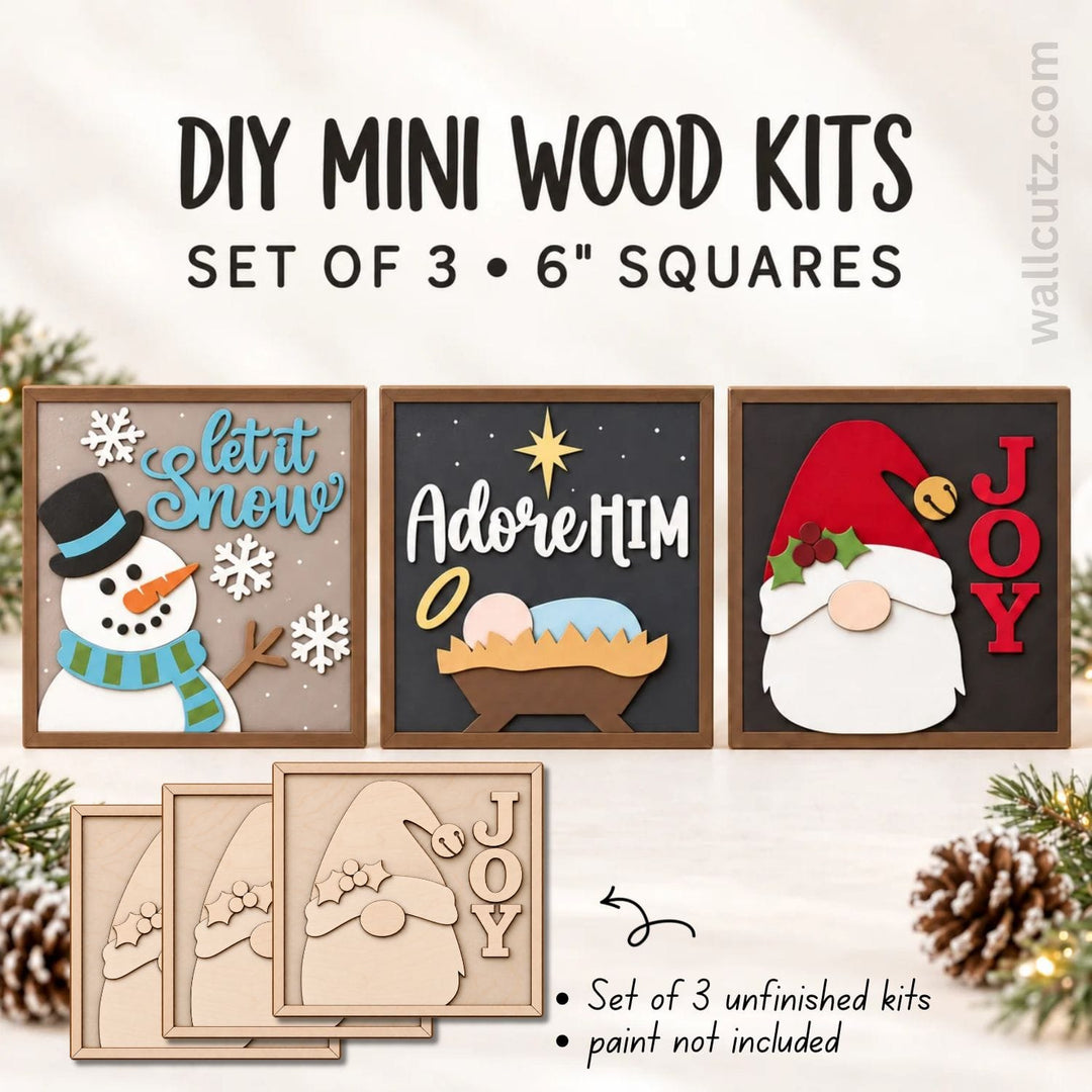 Christmas 6 inch mini wood kits, set of 3 squares – snowman, Santa and nativity DIY craft – WallCutz
