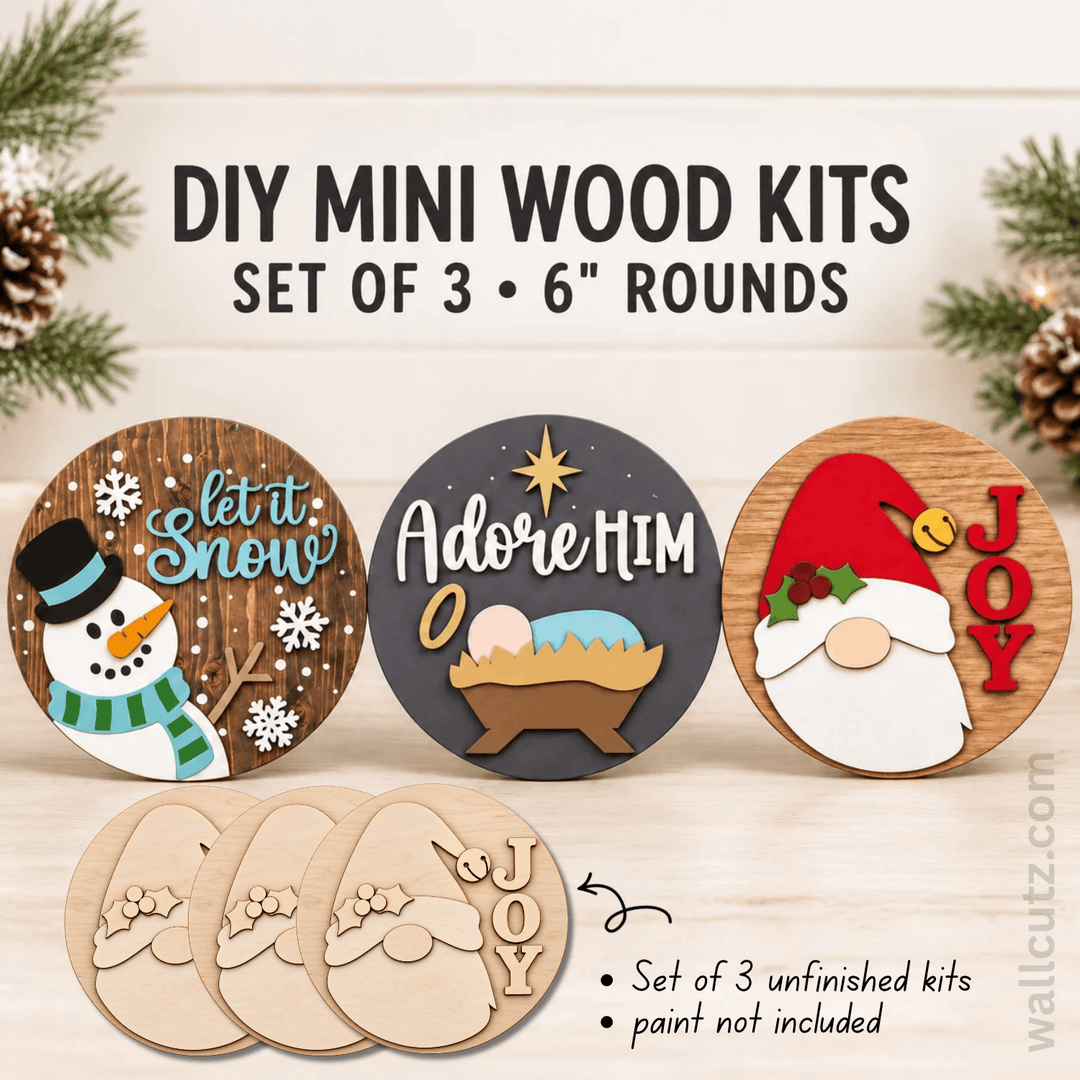 Christmas 6 inch mini wood kits, set of 3 rounds – snowman, Santa and nativity DIY craft – WallCutz