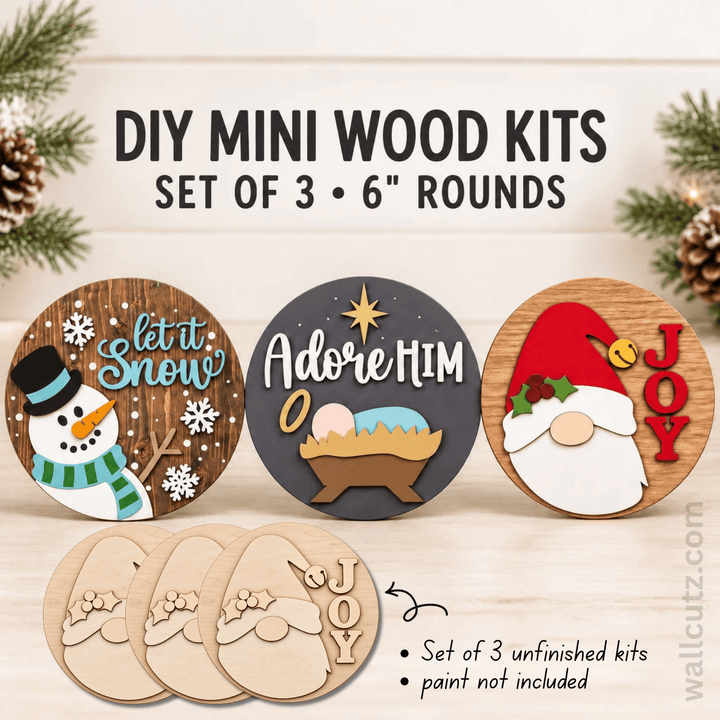 Christmas 6 inch mini wood kits, set of 3 rounds – snowman, Santa and nativity DIY craft – WallCutz