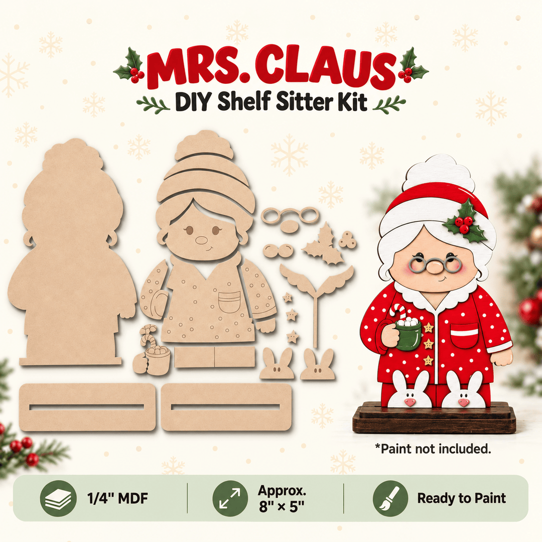 Mrs. Claus Pajamas Shelf Sitter DIY wood kit, second view of the paintable MDF Christmas shelf decoration – WallCutz