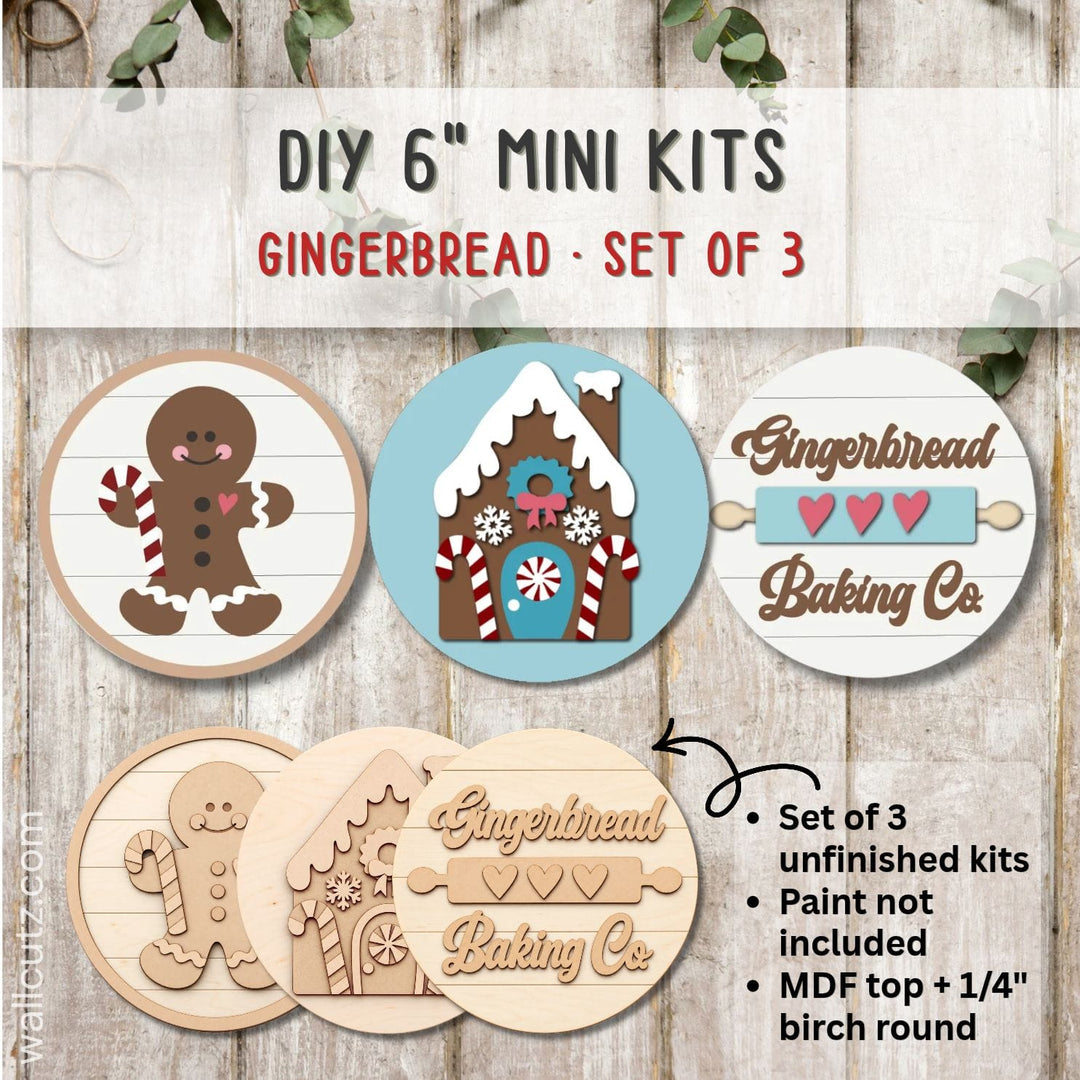 Three 6 inch round Christmas mini wood kits with a gingerbread house, gingerbread man and Baking Co. rolling pin – WallCutz