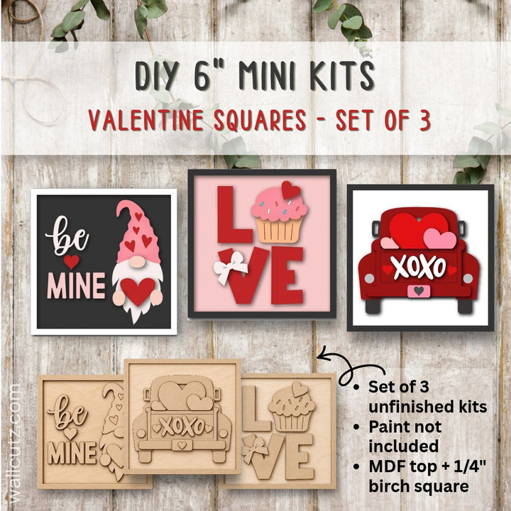 6" Mini Wood Kits – Valentine – Set of 3 DIY Squares