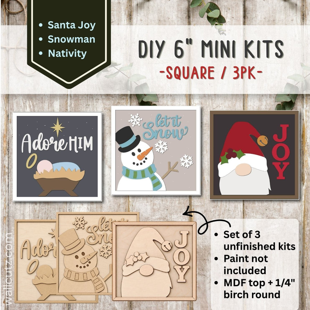 Three 6 inch square Christmas mini wood kits featuring a Let It Snow snowman, Santa Joy and a Nativity scene – WallCutz