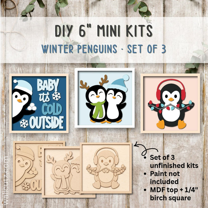 Three 6 inch square penguin mini wood kits with Baby It's Cold Outside, a penguin pair and string lights – WallCutz
