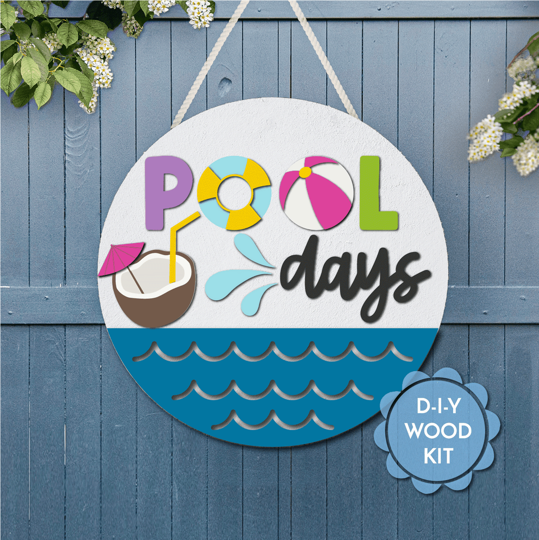 Pool Days door hanger with coconut drink and water design by WallCutz