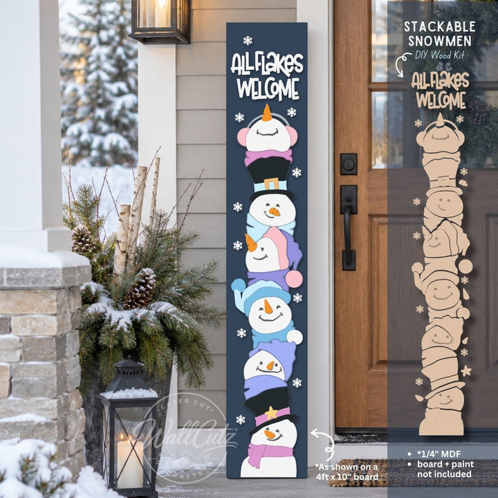 All Flakes Wood Welcome Snowman Stack porch kit with six painted wood snowmen and snowflakes on a winter plank board – WallCutz