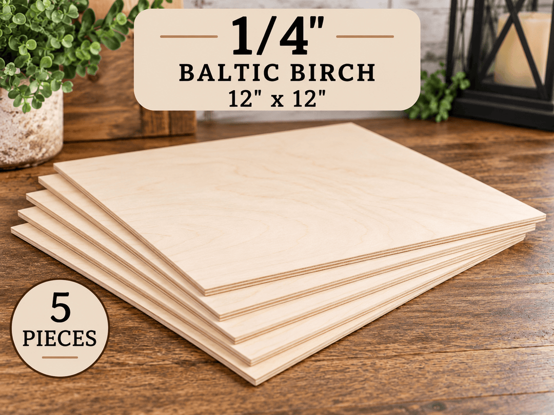 Five 1/4 inch Baltic birch plywood sheets, 12 x 12 inches, for laser cutting