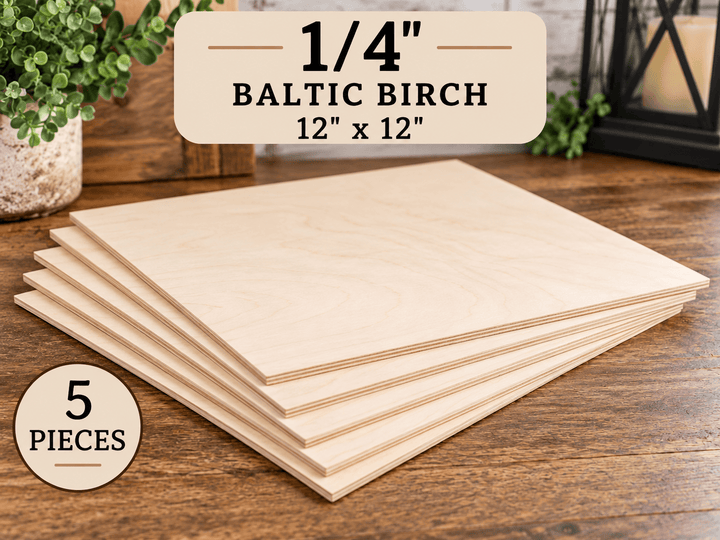 Five 1/4 inch Baltic birch plywood sheets, 12 x 12 inches, for laser cutting