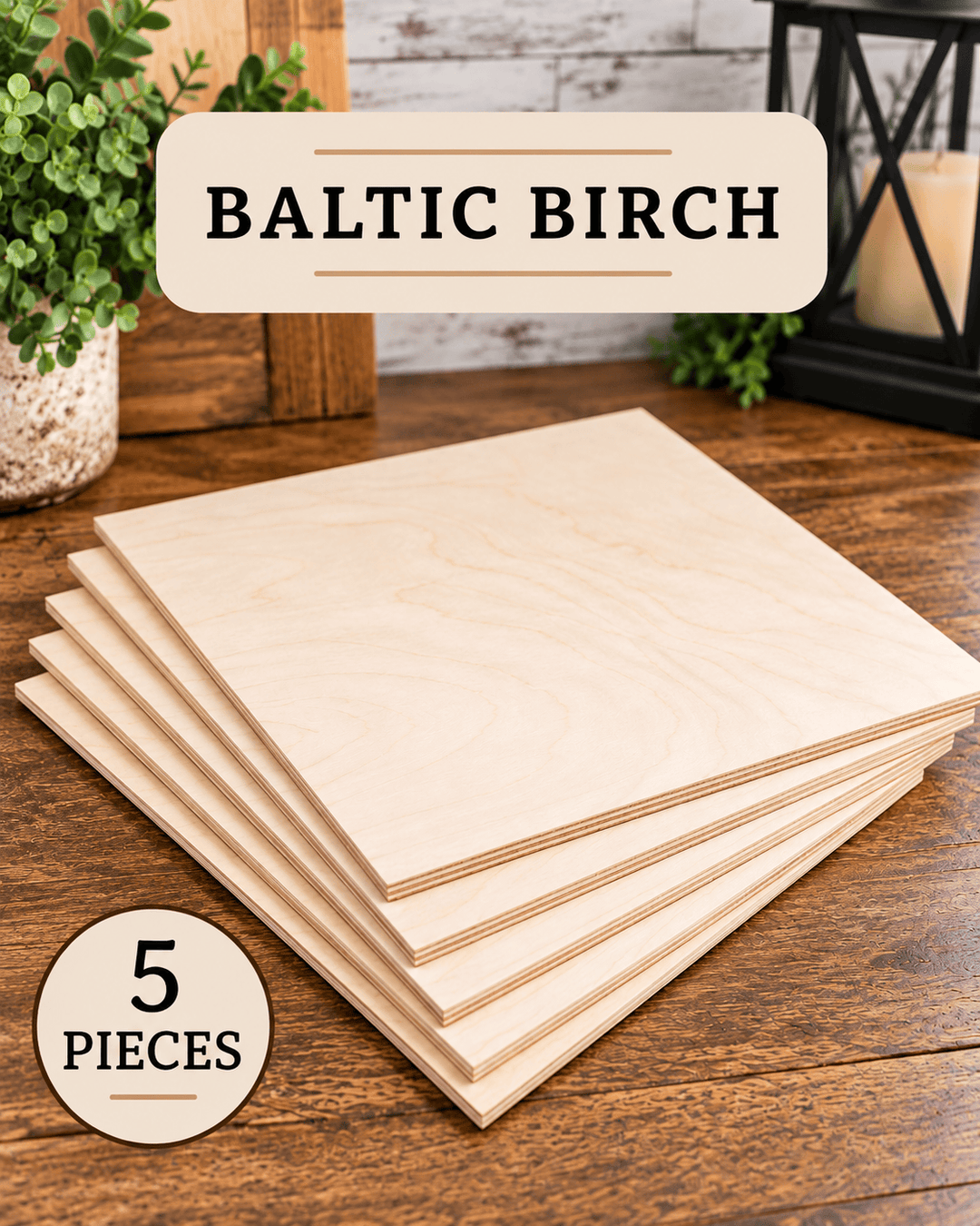 A stack of five light-colored Baltic Birch plywood sheets displayed on a wooden table, with a label overlay reading 'BALTIC BIRCH' and a badge indicating '5 PIECES'.