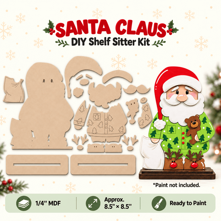 Santa Claus Pajamas Shelf Sitter DIY wood kit, second view of the paintable MDF Christmas shelf decoration – WallCutz