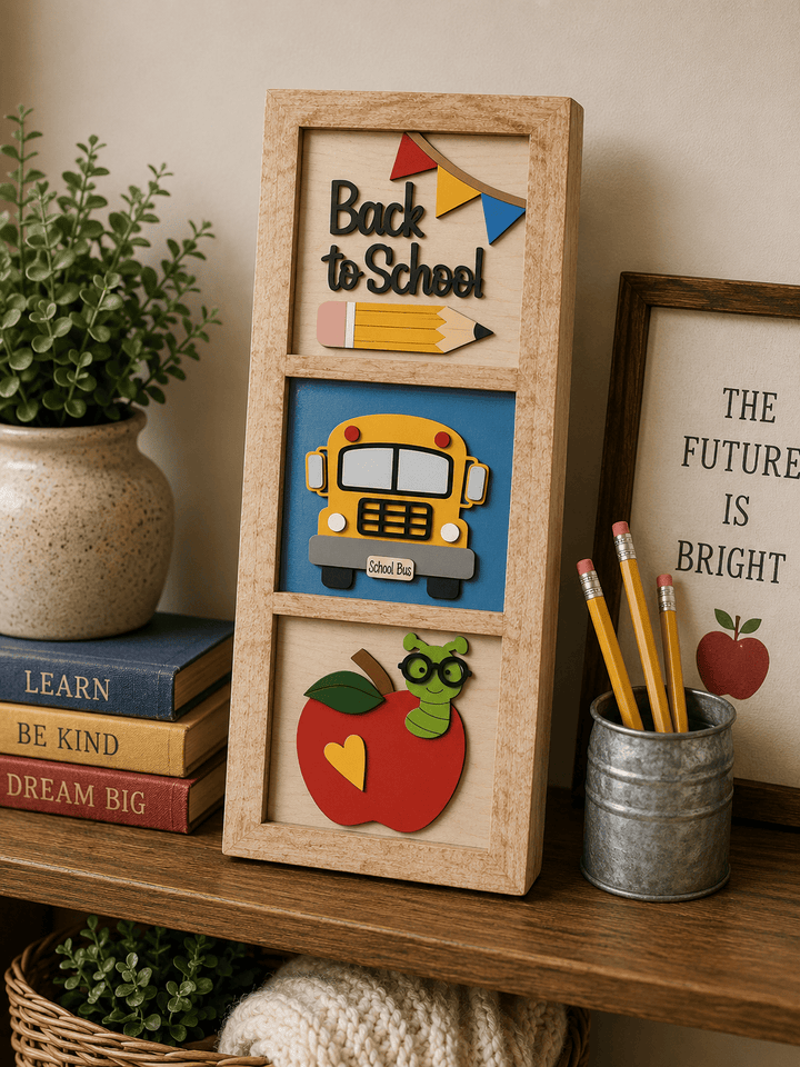 WallCutz  Back To School Bus & Apple – Interchangeable 5x5 Wood Kit Wood Kit